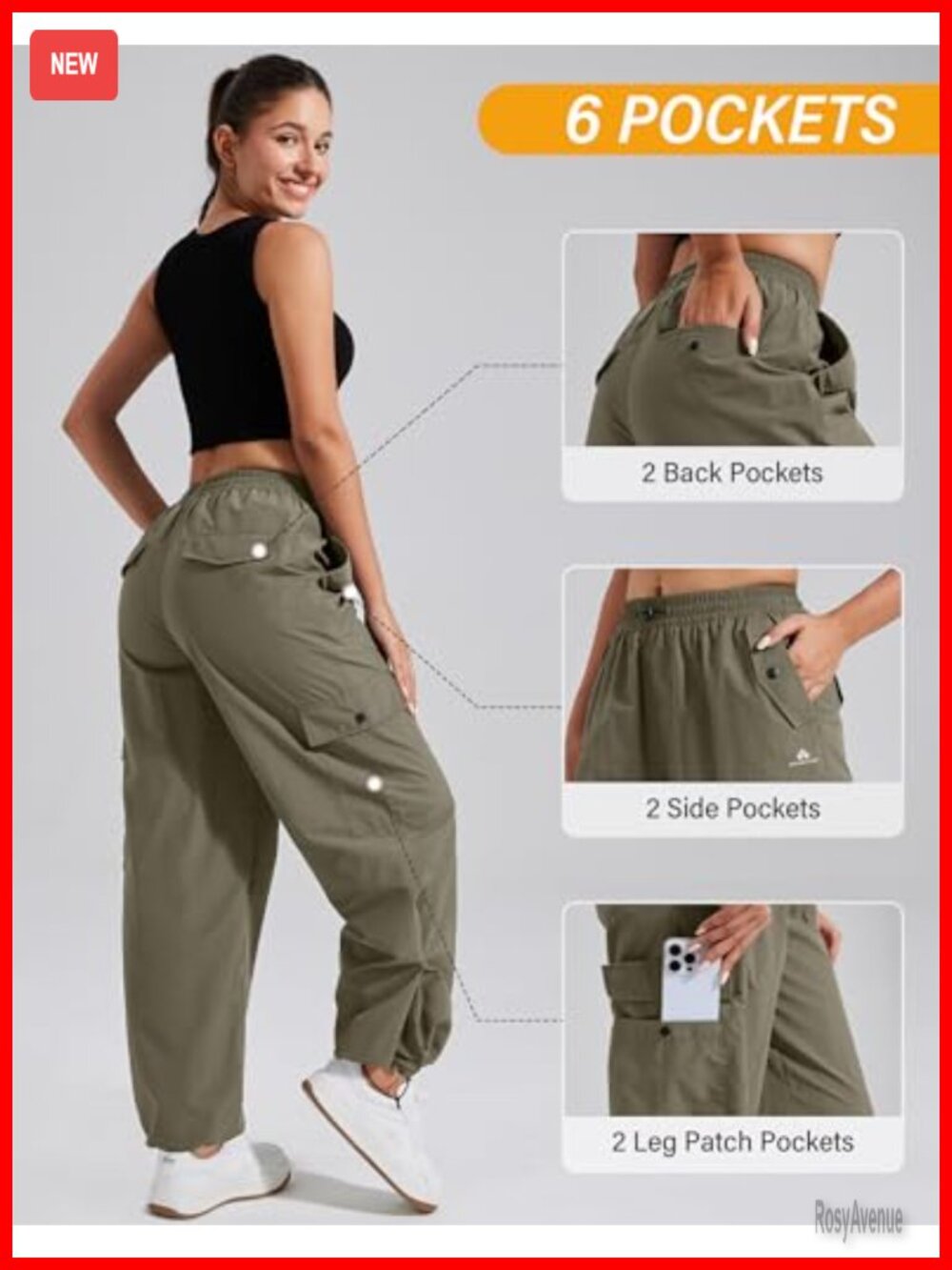 Parachute Cargo Pants with Pockets Baggy High Waisted Quick Dry Hiking Pants - Picture 6 of 6